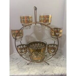 Vintage Culver Valencia Gold Lowball Glasses & Ice Bucket Ferris Wheel Caddy
